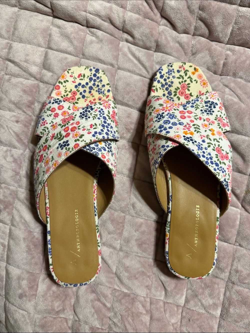 Anthropologie Cream Floral Cross‑Strap Slide Mules